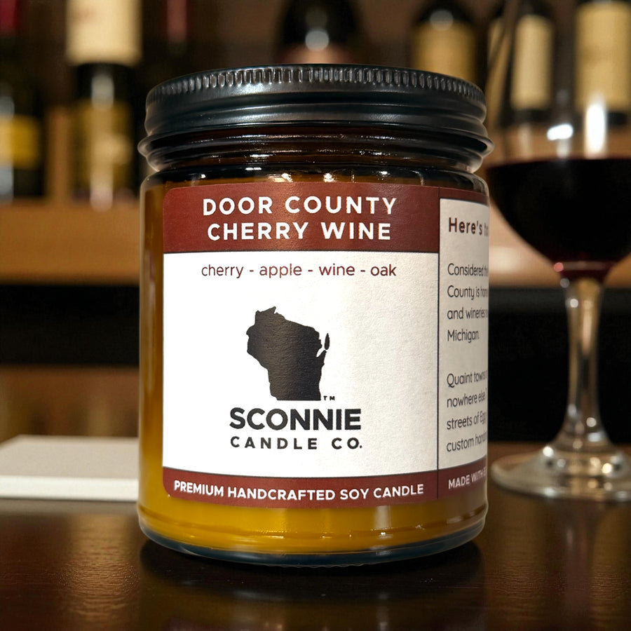 Door County Cherry Wine soy candle with scents of oak, merlot and cherries. 